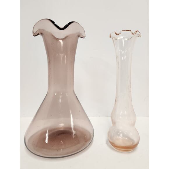 Vintage Pink Art Glass Vases Lot – Ruffled Hand Blown & Etched Flared Pair - Picture 1 of 8